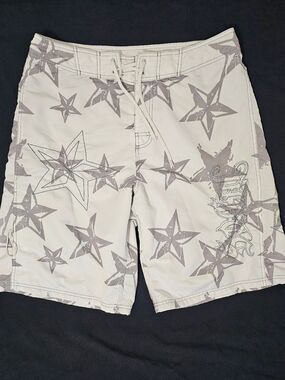SoCal No Fear Vtg Men’s Board Shorts Size 36 Gray White Star Print Swim Trunks